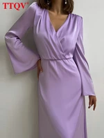 ttqv sexy v neck party dresses woman fashion bodycon long sleeve midi dress elegant slim purple satin dresses for women 2022