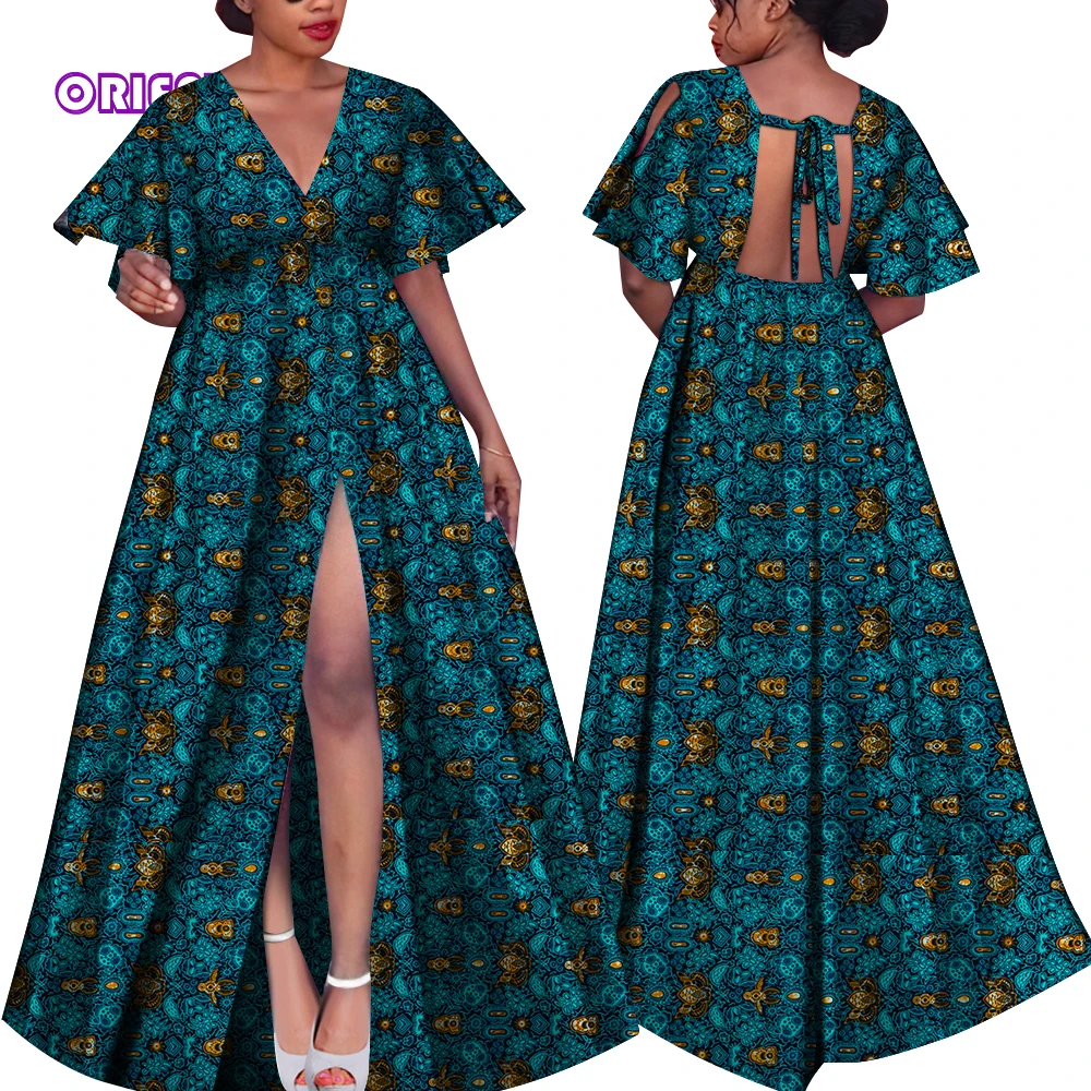 Women African Dresses Butterfly Sleeve V Neck Backless Long Dress African Print Party Split Dress Robe Africaine Femme WY4126