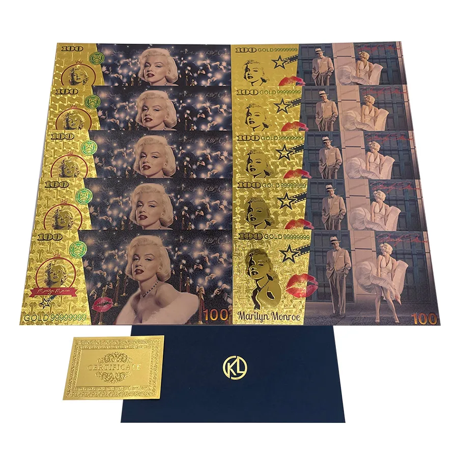 Знаменитая звезда американского фильма Мэрилин Монро, привлекательные золотые банкноты, золотые билетов для фотографий