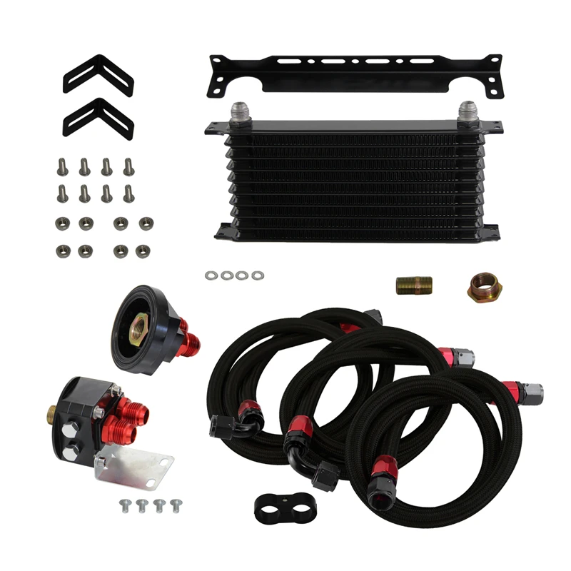

10 Row 262mm AN10 Universal Engine Transmission Oil Cooler Trust Type + Filter Adapter Kit Blue/Black