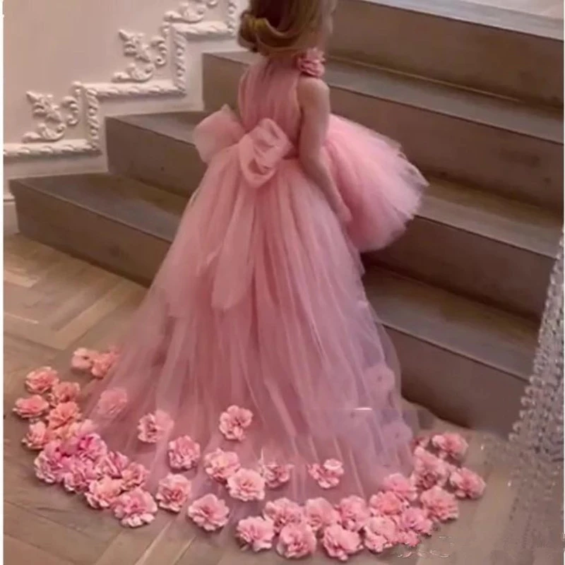 

flower Girl Dresses For Wedding High-neck Tulle Floor Length Ball Gown Junior Bridesmaid Dress For Girls