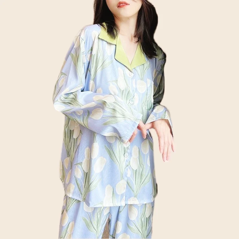 Rayon Pajama Sets Women Tulip Flower Nighty T-Shirt  Homewear Cozy Big Size Pijamas Luxury Designer Clothing Women Sleepwear