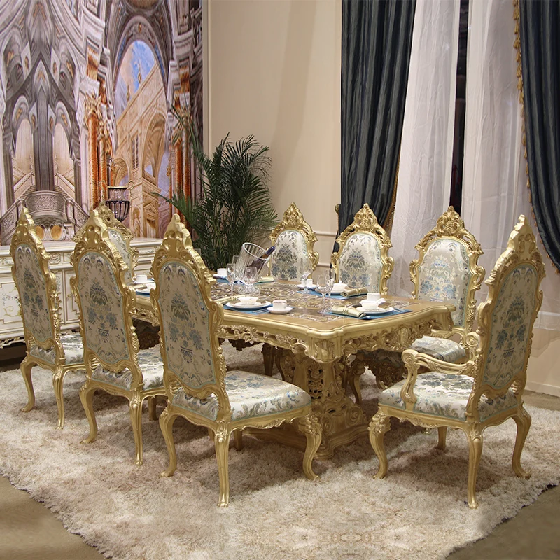 

Palace French luxury villa furniture restaurant champagne golden solid wood rectangular carved table and chair combination MD