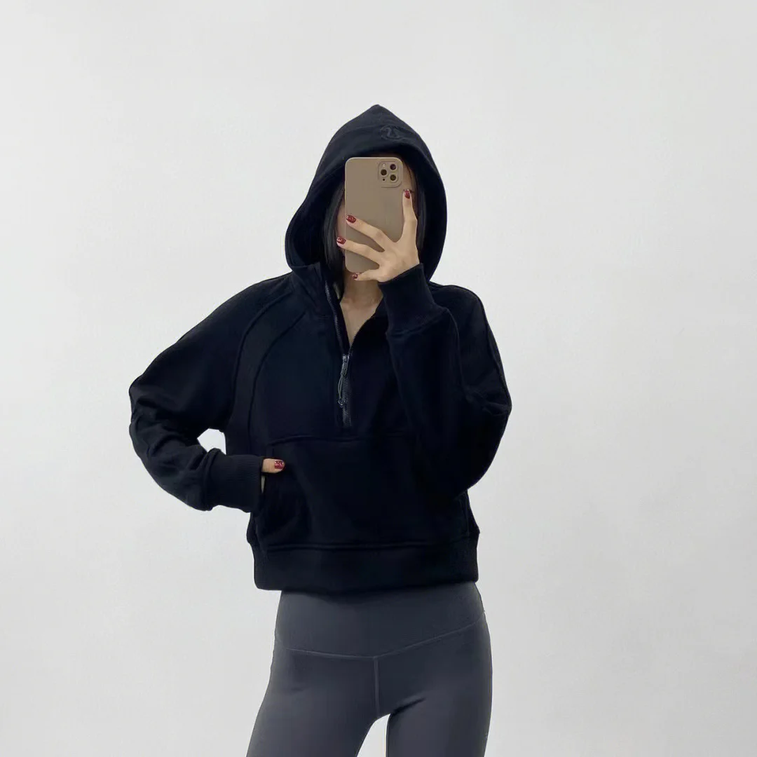 Lulu Women's Winter New style Half Zipper Scuba Pullover Thickened Plush Hooded Embroidery Sweater Loose Sweater