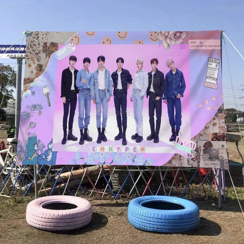 Korean Kpop E-Enhypens Banner Art Printing Japanese Wall Flag Anime Hanging Home Decor
