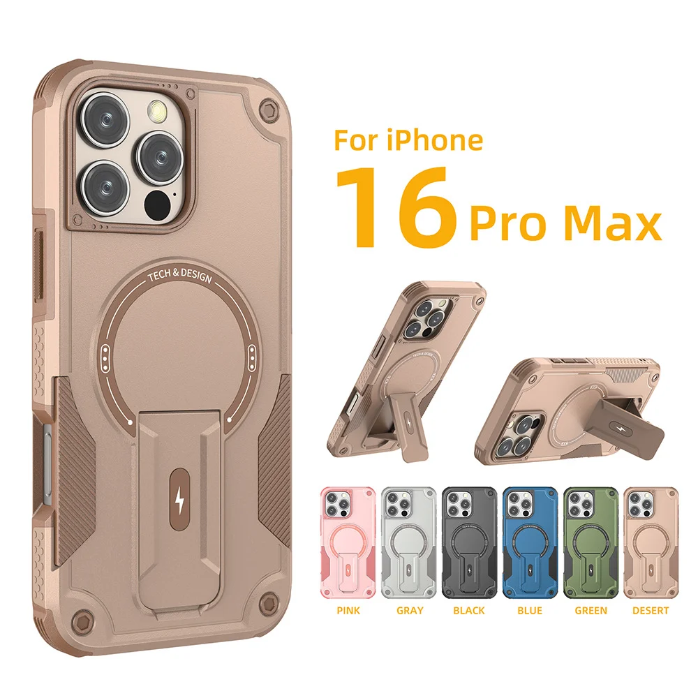 Фото Противоударный чехол военного класса для iPhone 11 12 13 14 15 16 17 Pro Max с магнитной беспроводной зарядкой и невидимой подставкой №3