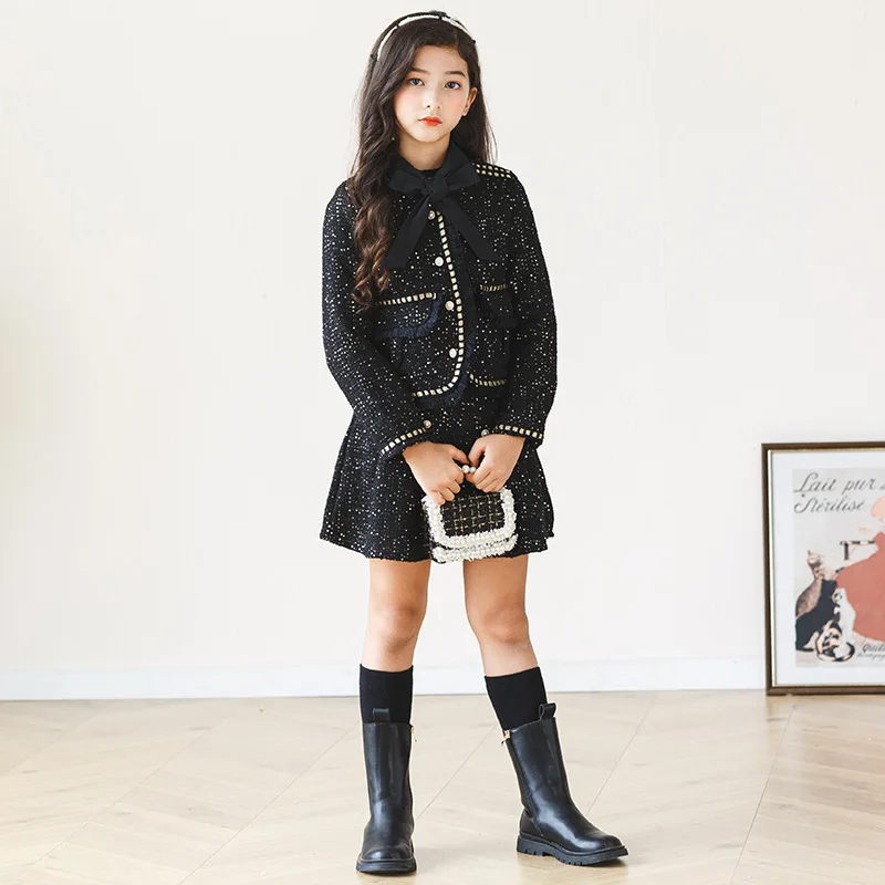 Детский комплект одежды ZOETOP твидовый пиджак с яркими бриллиантами и