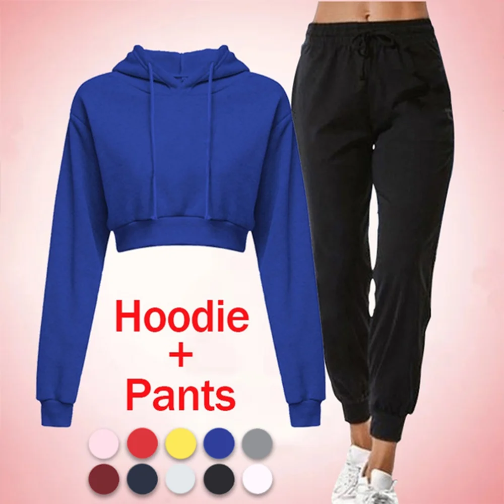 

Spring Autumn Fleece Long Sleeve Crop Hoodies and Sweatpants Drawstring Fashion Clothing Tops and Pants Streetwear