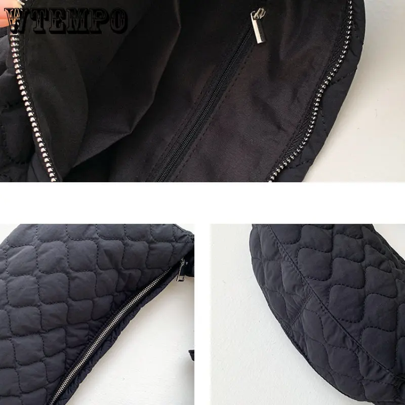 Rhomboid Zipper Women's Shoulder Bag Drawstring Strap Hobos Quilted Padded Handbags Middle Polyester Ladies Crossbody Bag New