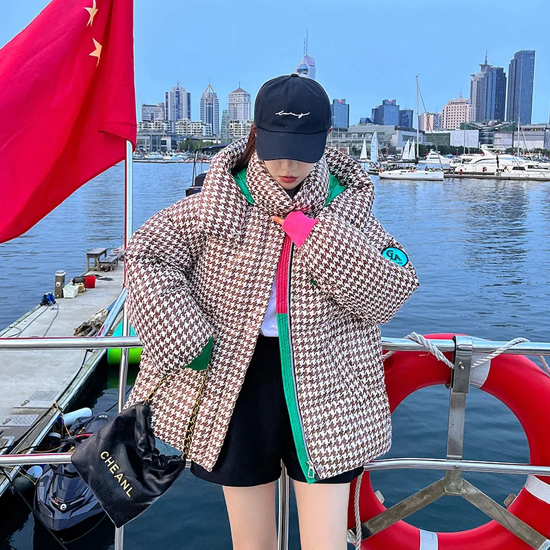 Winter Houndstooth Hooded Puffer Jackets Womens Korean Fashion Trends Chic Streetwear Teenage Girls Loose Fit Padded Warm Coats