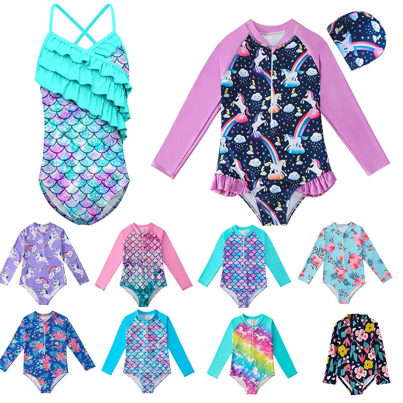 

Cute Toddler Baby Girl Swimwear Long Sleeve Unicorn Infant Bathing Suits Bright Ruffle Mermaid Swimsuit Kids One Piece Beachwear