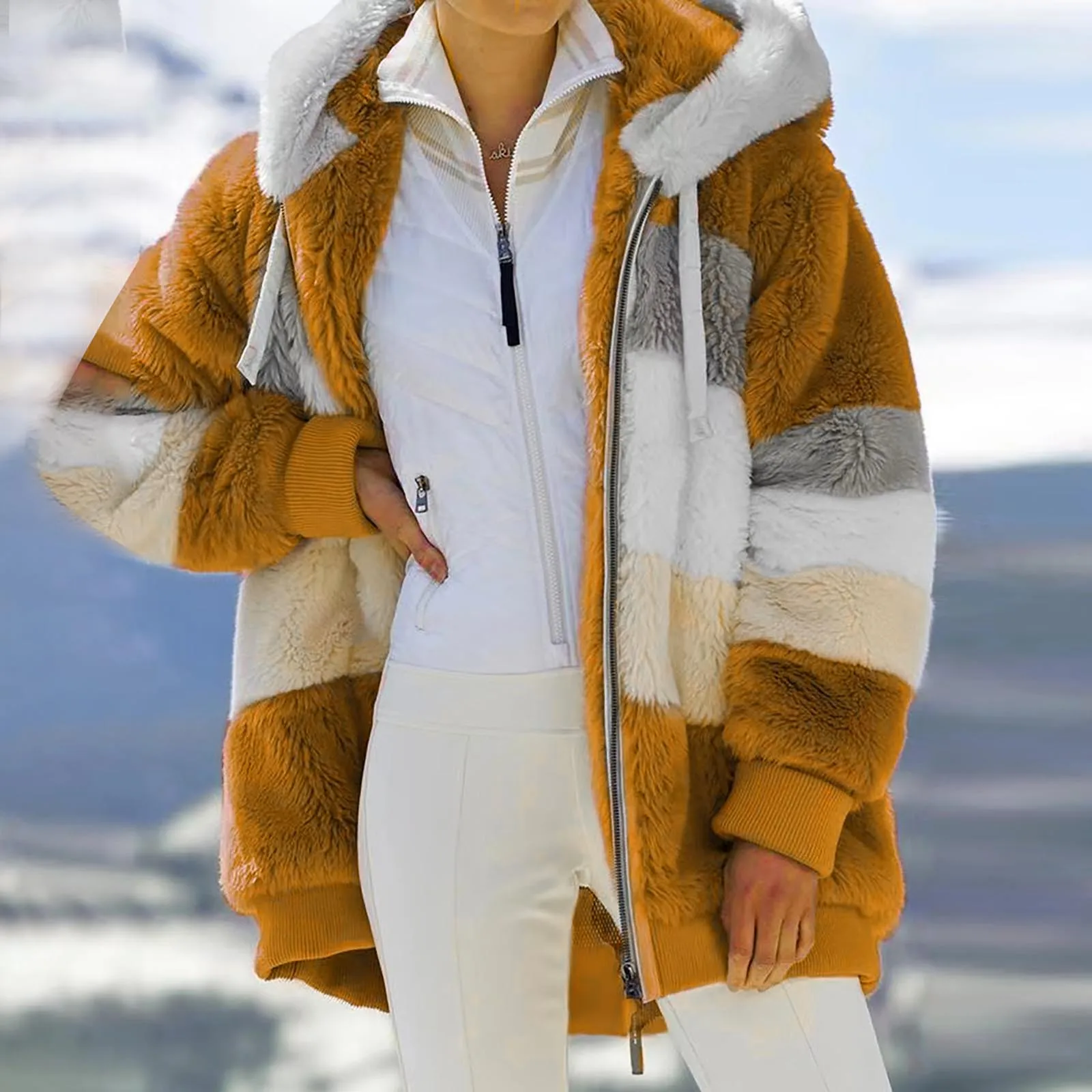 

Womens Plush Jacket Fashion Splicing Loose Plush Long Sleeve Zipper Pocket Autumn/winter Hooded Zipper Coat Thick High Quality