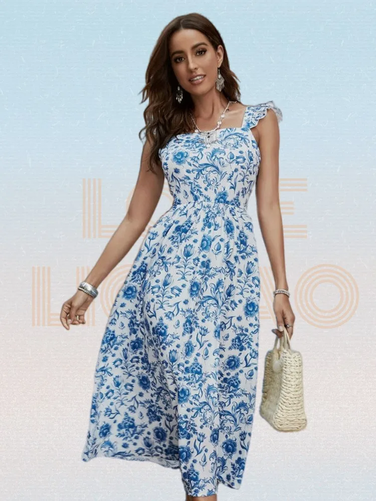 

Floral Print Knot Straps Shirred Bodice Cami Dress Summer Sleeveless High Waist Boho Dress Blue Backless Slash Neck Long Dress