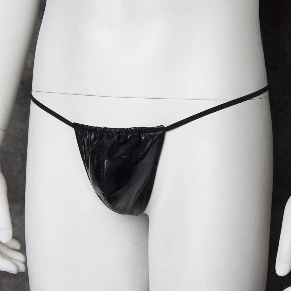 

Mens PU Leather Thongs Black Pouch G-String T-Back Low Waist Briefs Sexy Lingerie Hot Underwear String Homme Clubwear