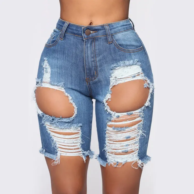 

New Fashion Summer Skinny Short Women Mid Waist Frayed Sexy Ripped Bermuda Shorts Distressed Denim Jeans Shorts