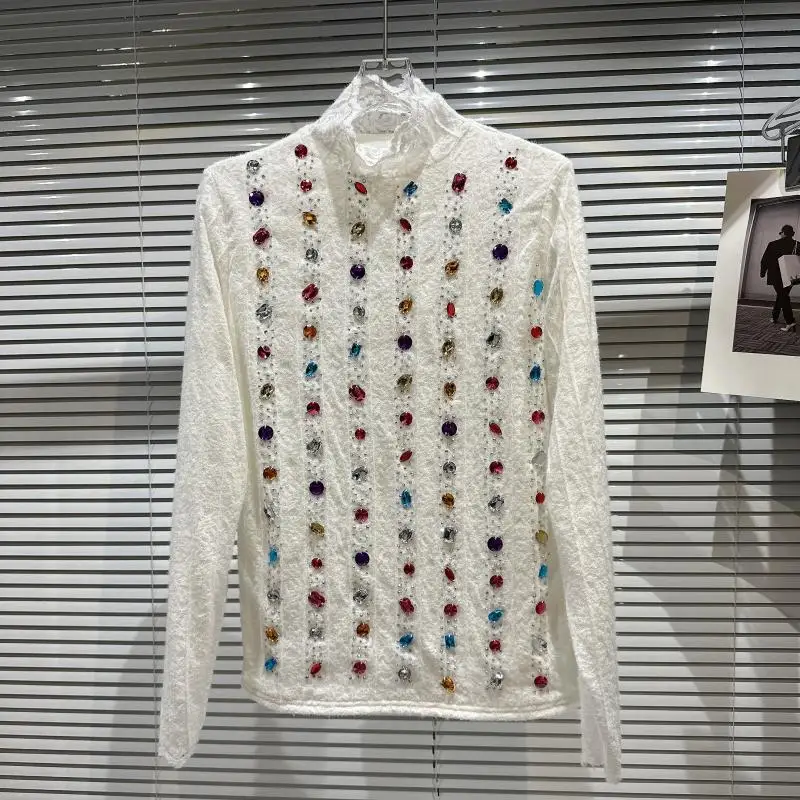 

High Street Colorful Gemstones Beads Turtleneck Velvet Hook Flowers Lace Women Elegant Tops Blouses Winter Bottoms T-Shirts 2022