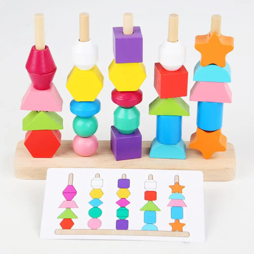 

Beads Sequencing Toy Wooden Stacking Blocks Lacing Beads Shape Matching Color Cognition Learning Toys Gifts For Kids