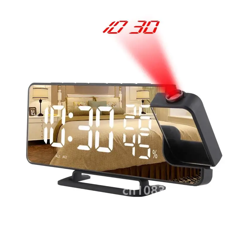 LED Digital Mirror Projection Alarm Clock Home FM Radio Thermometer Hygrometer USB Wake Up Watch 180° Projector Time Snooze Gift