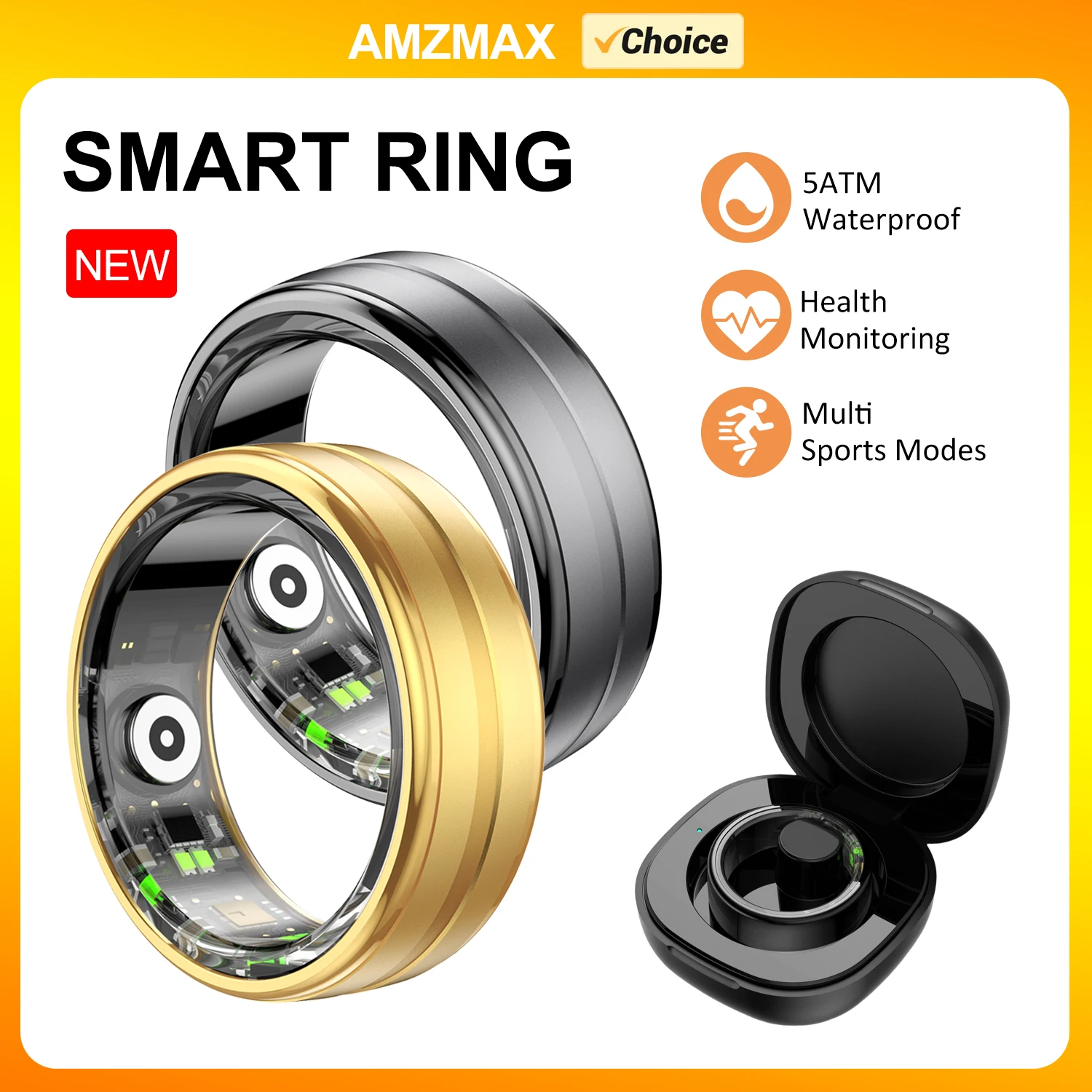 AMZMAX Smart Ring Heart Rate Blood Oxygen Sleep Monitoring Pedometer Calorie Multifunctional Sports Fitness Finger