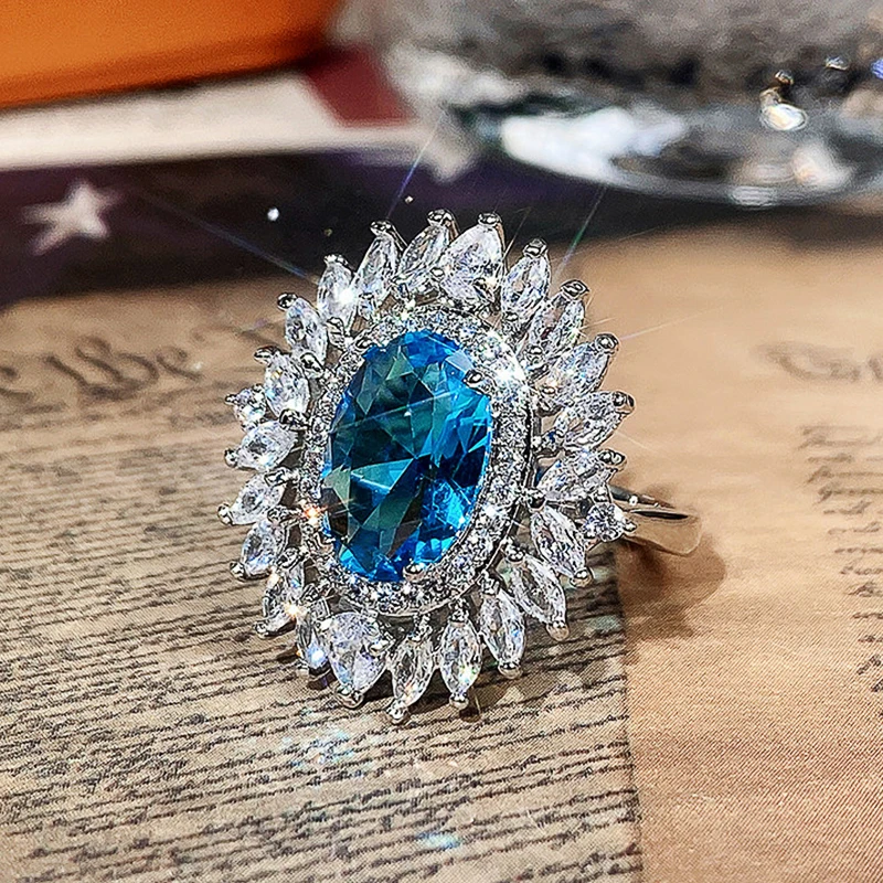 

Huitan Trendy Blue Cubic Zirconia Wedding Ring for Women Luxury Engagement Ceremony Party Elegant Female Rings Brilliant Jewelry