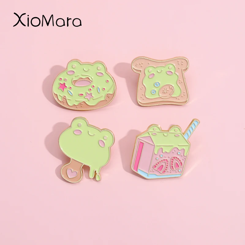 

Western style dessert Frog Enamel Pin Toast donuts Ice Cream Strawberry Juice Brooches Lapel Badge Jewelry Gifts for Kids friend