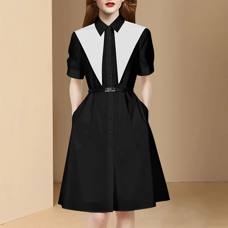 

European and American ladies summer 2022 female black and white contrast color short-sleeved dress waist thin cardigan skirt