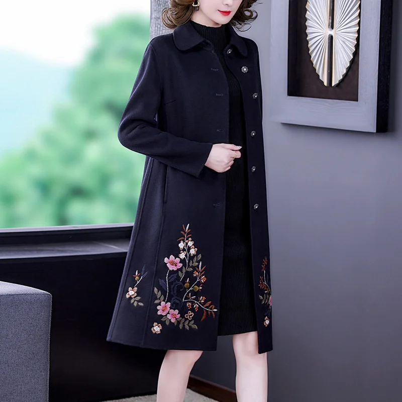 Женское шерстяное пальто средней длины элегантное винтажное дизайнерское с