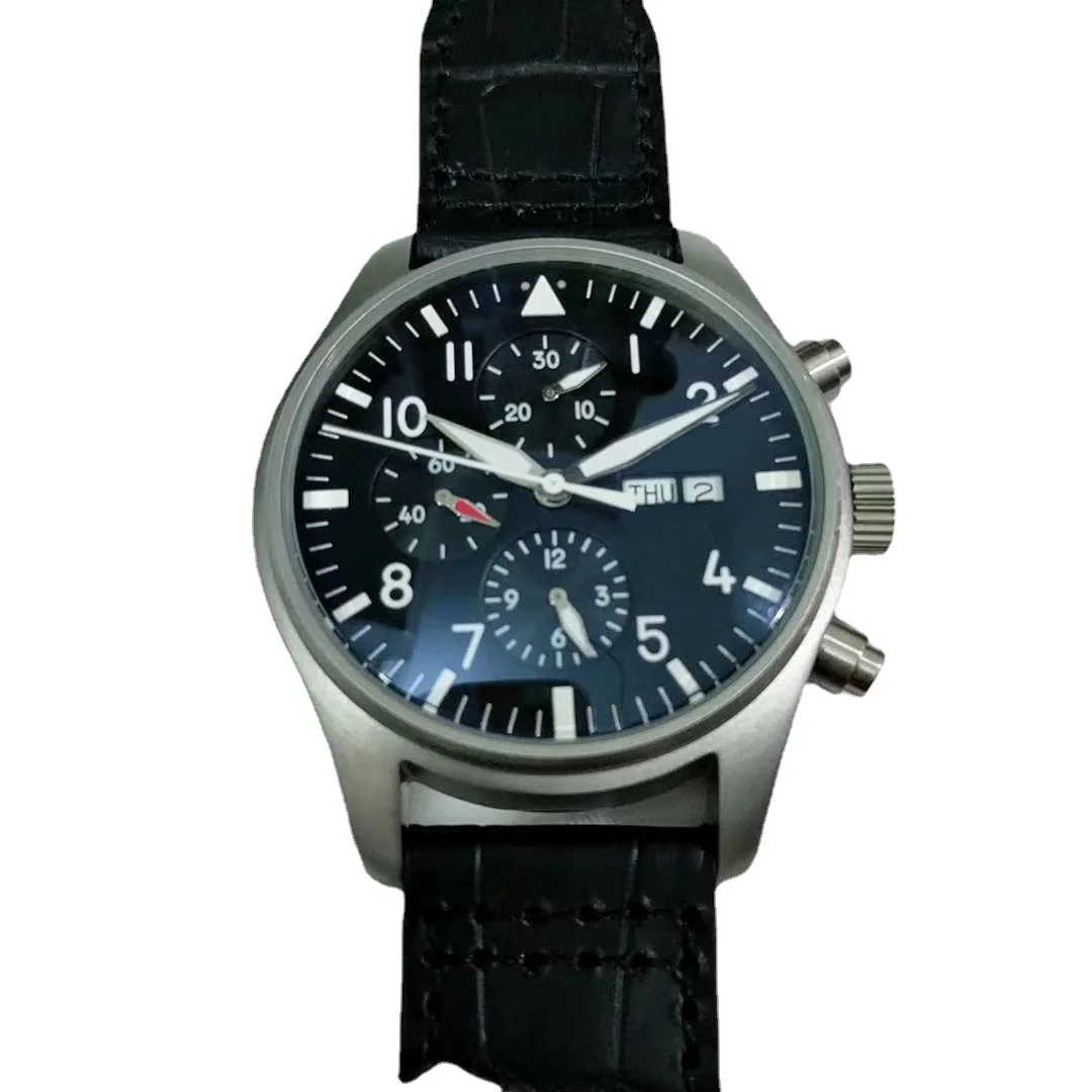 mens mechanical watch automatic pilots brown black beather blue dial