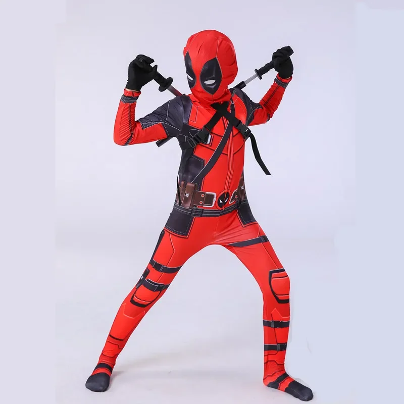 Adult Deadpool Costume Men Women Kids Cosplay Mask Suit Jumpsuit Backpack Knif Accessories Superhero Halloween Child