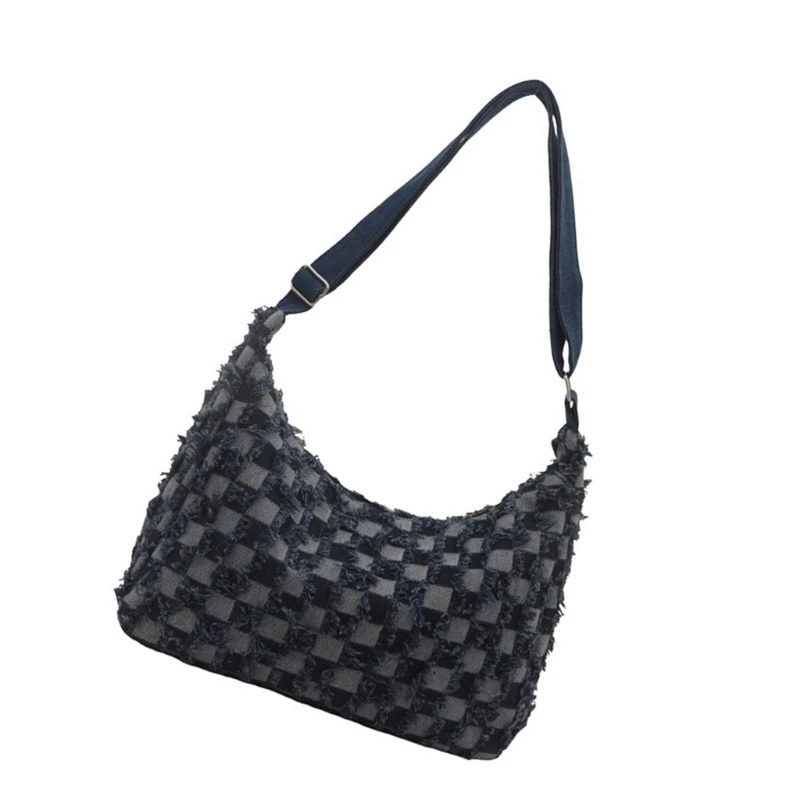 Практичная большая сумка через плечо женская джинсовая клетчатая потертая