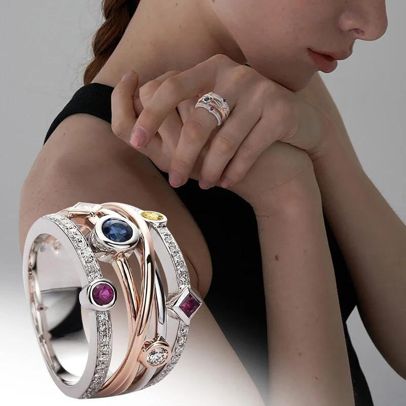 

Rings for Women Inlaid Colored Stone Rings Party Birthday Gifts Fashion Rose Gold Jewelry Anillo De Mujer