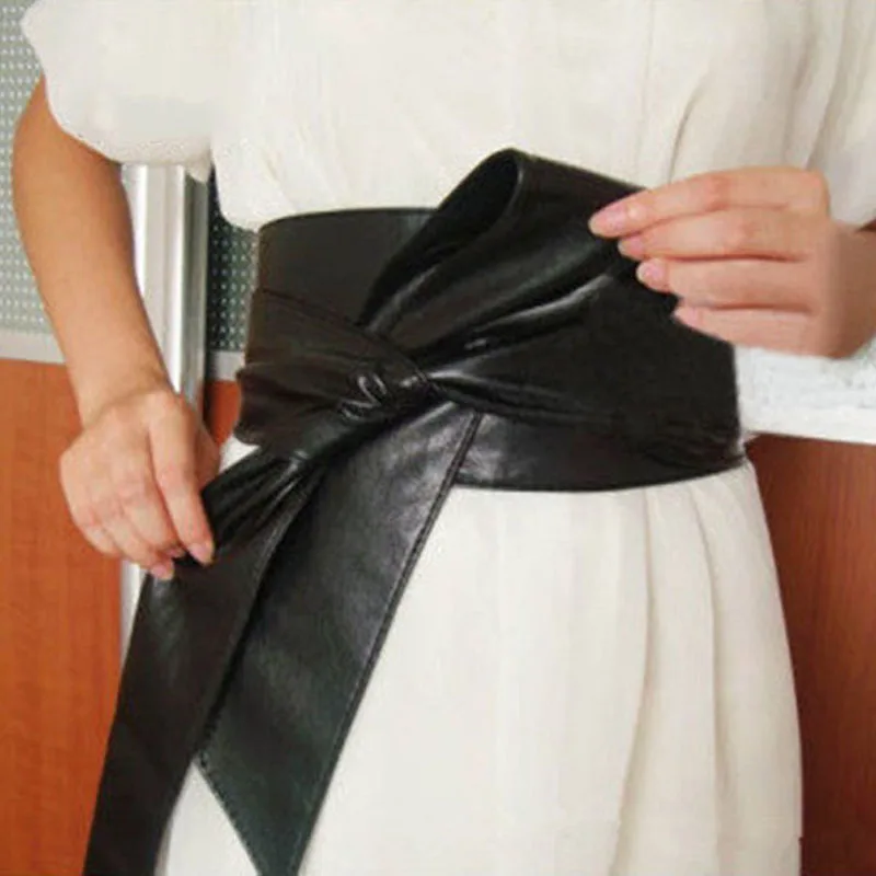 1PC Womens PU Leather Belts Fashion Soft Self Tie Wrap Around Waist Band Belt Bowknot Bind Wide Waistband Female Belts