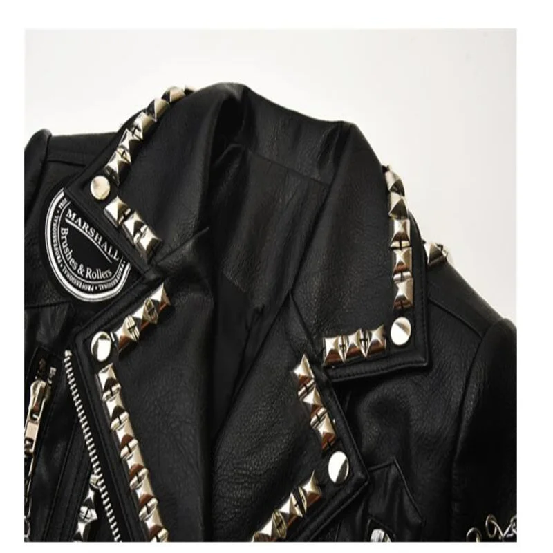 Leather jacket women's winter new heavy industry rivets graffiti punk motorcycle pu clothes slim short coats black дубленка женс enlarge