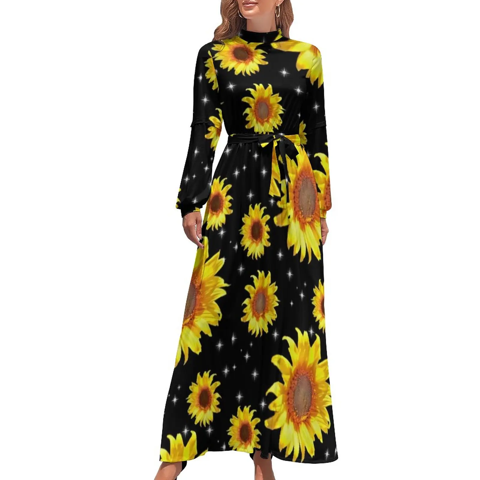 

Sunflower Art Dress The Stars of Sunflowers Print Modern Maxi Dress Lady Long-Sleeve Boho Beach Long Dresses High Neck Vestidos