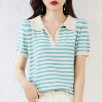summer striped retro style ice silk knitted short sleeved t shirt womens loose polo collar age reducing half sleeve top thin