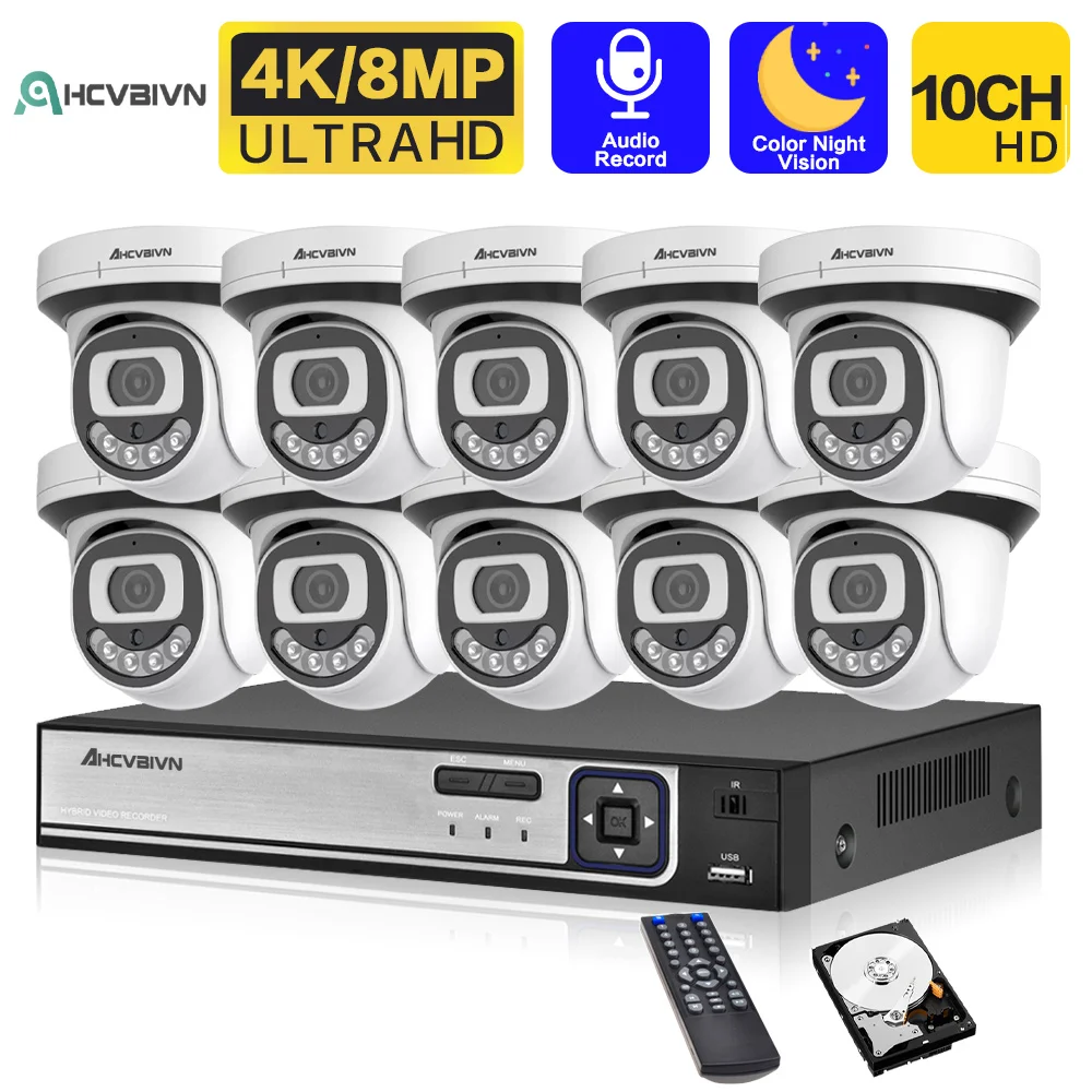 

4K 10CH POE Surveillance NVR System 8MP Audio Colorvu Night Vision CCTV POE Security Camera 8CH P2P NVR Video Surveillance Kit