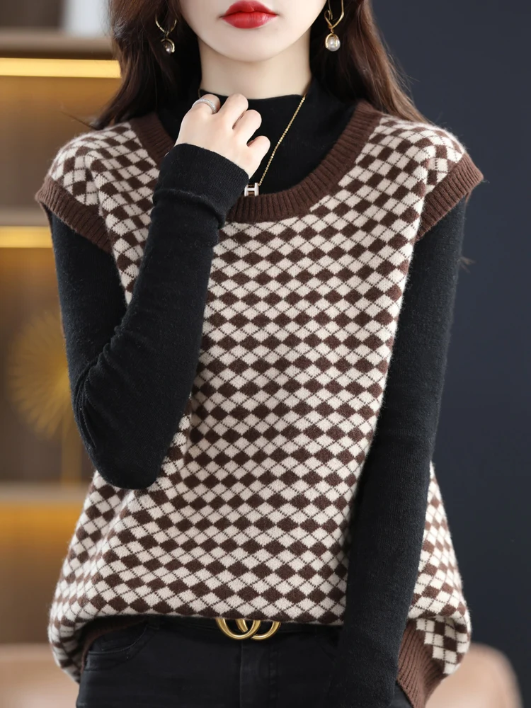 

Autumn Winter 30% Merino Wool Loose Pullover Waistcoat For Women Plaid Thickened Cashmere Sweater 2023 New Fashion Female