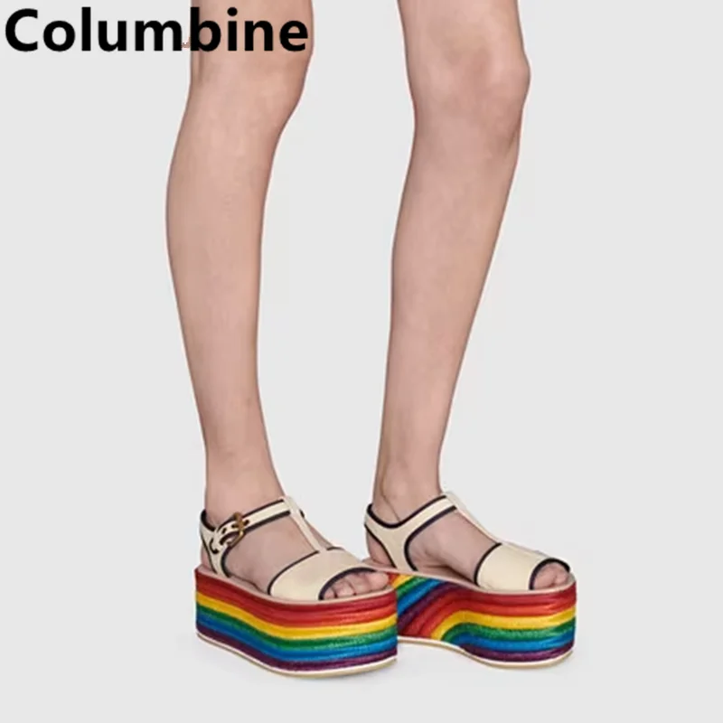 Women Rainbow Boost Platform Espadarille Sandals Open Buckle Nylon Strap Flats Casual Mixed Colors Graffiti Fashion Sewing Shoes
