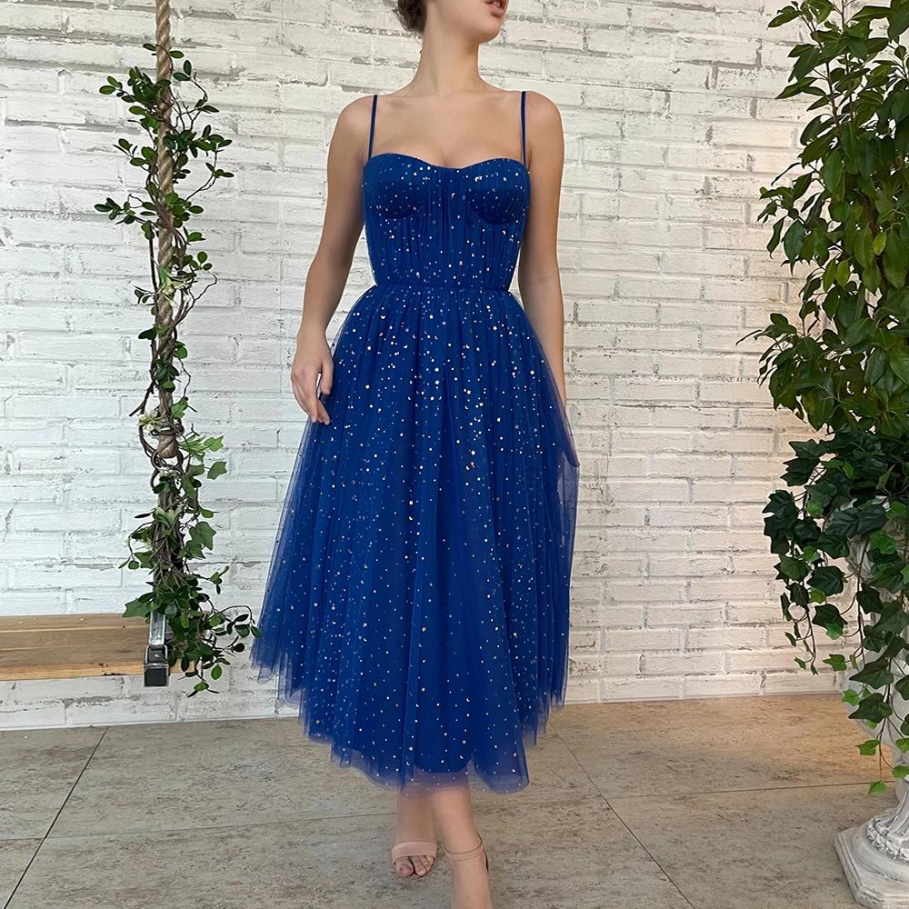 

Glitter Blue A-Line Evening Dress for Women Charming Spaghetti Straps Sweetheart Tea Length Short Prom Dress Robe De Soirée