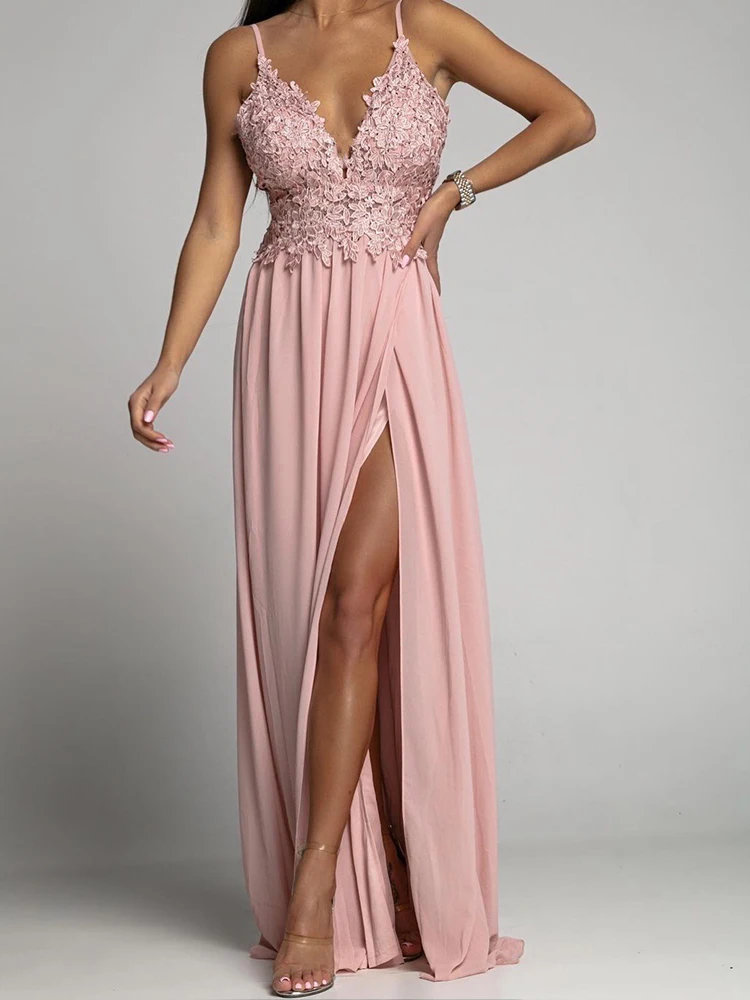 

Women Sleeveless Off Shoulder Long Dresses Elegant Backless Lace-Up Bowknot Party Dress Sexy Deep V Neck Lace Mesh Maxi Dress