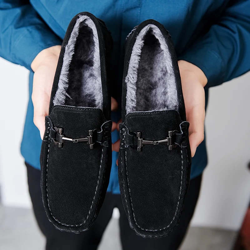 Leather Genuine Suede Mens Shoes Casual Men Loafers Plush Warm Car Driving Shoes Moccasins Male Lightweight Winter Flats Shoes