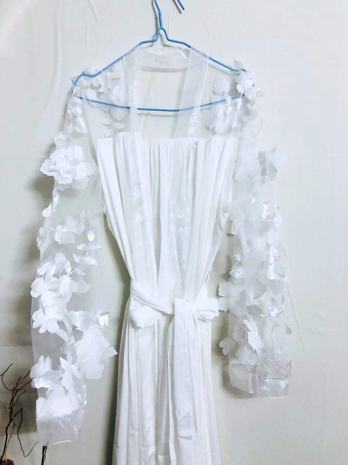 White Flower Mesh Robes Soft Sleeves Kimono Bride Dressing Women Bathrobe Pajamas Women's Summer Satin Elegant Wedding Robe