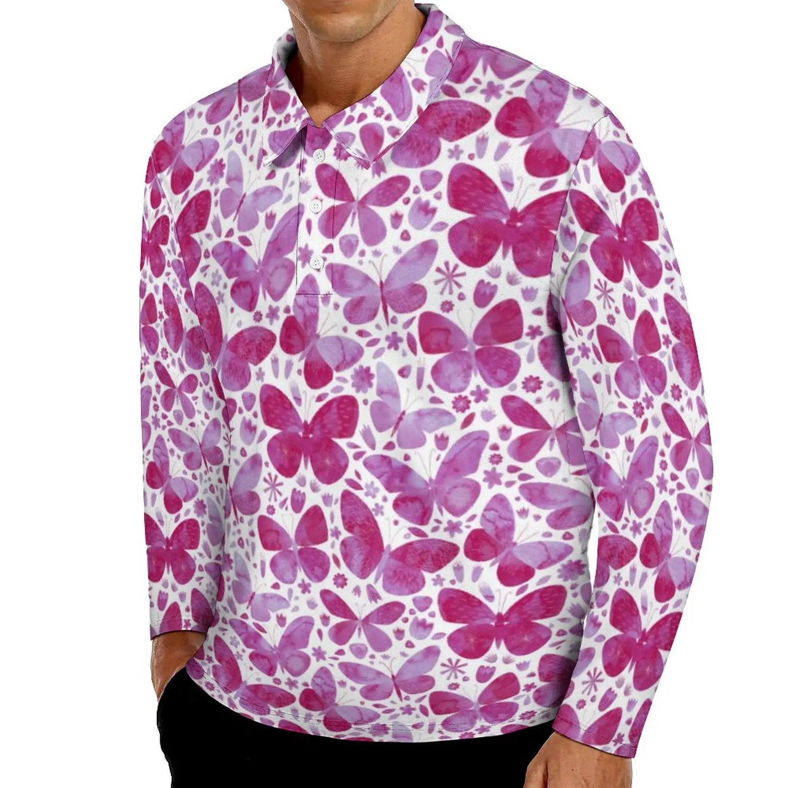 

Рубашка-поло мужская с акварельным принтом, Повседневная футболка оверсайз с длинным рукавом, с принтом бабочки, в повседневном стиле