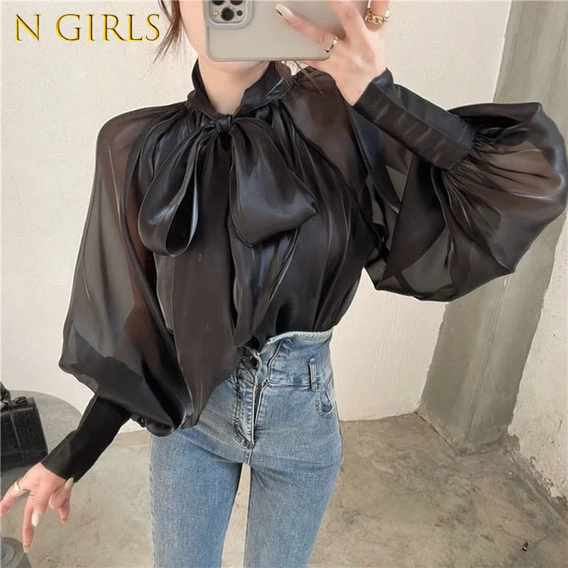 N GIRLS Women Shirts 2022 Spring French Sexy Temperament Female Bow Glossy Transparent Black Blouse Blusas De Mujer Loose Puff