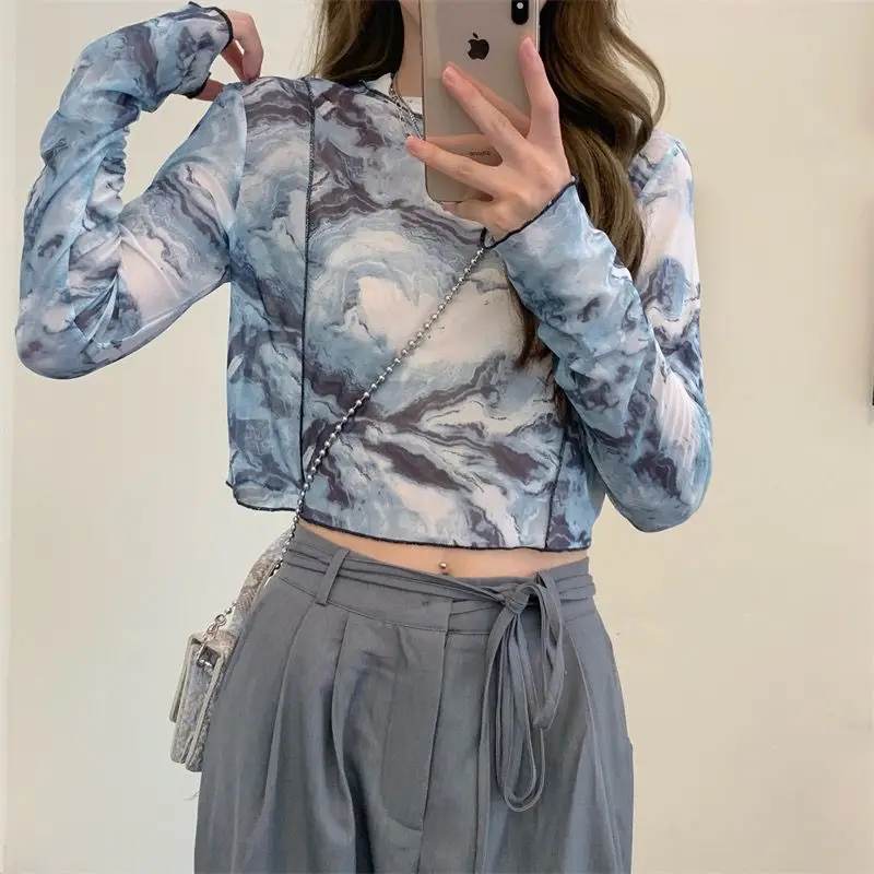 

Tie Dyed Mesh Top Long Sleeve T-shirts Underlay for Women 2023 Summer Sun-proof Cropped Tops Fashion High Street T-shirts