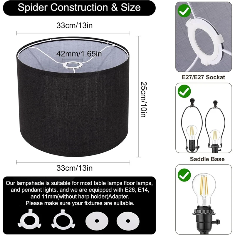 Черный абажур для лампы GTBL барабана 13 дюймов сверху снизу 10 высотой сменный