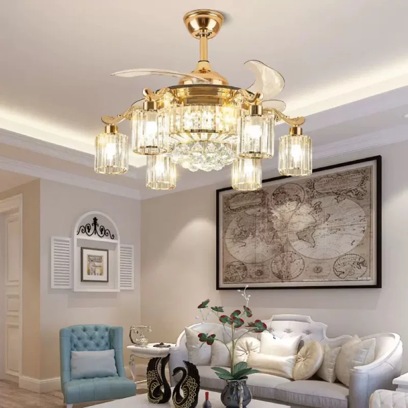 

Led Celing Fan Pendant Lamp Light Chandelier Art Crystal High Quality luxury 42 Inch remote control living room modern