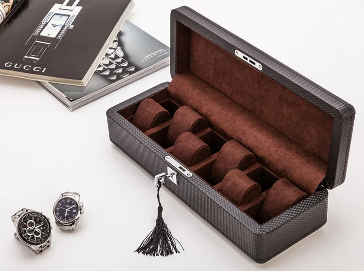 Luxury 6 Slots Leather Watch Box Case Brown Watch Display Case With Lock Jewelry Gift Box Watch Organizer For Men