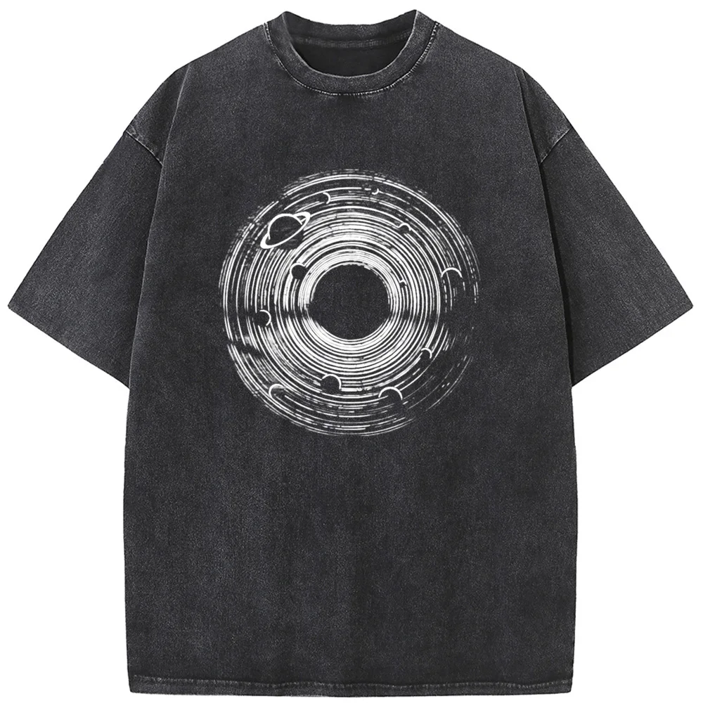 

Men's Universe Black Hole and Solar System Washed T-Shirt 230g Cotton Vintage Bleached Tshirt Tops Casual Loose Bleach T shirt
