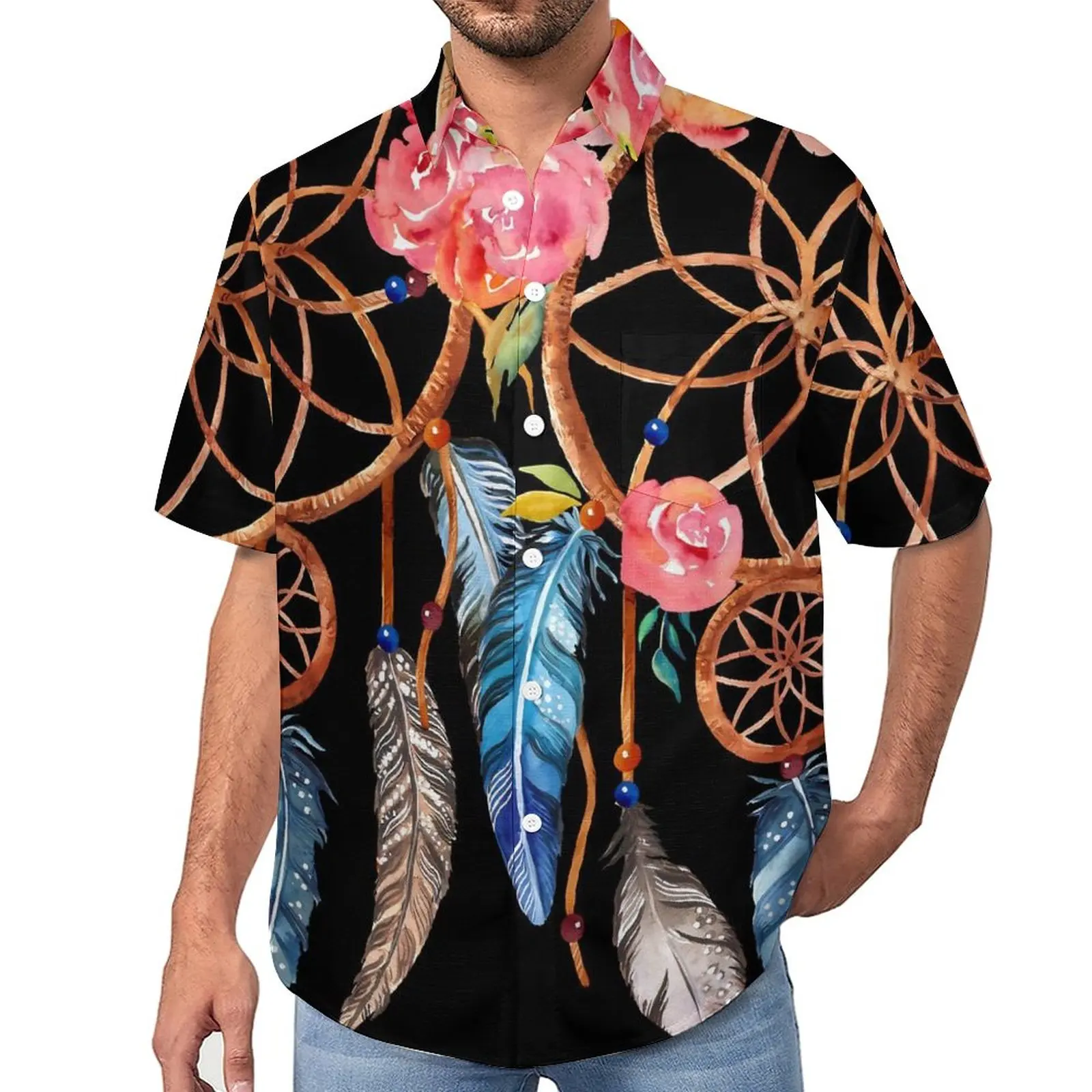 

Dream Catcher Casual Shirt Red Flower Print Beach Loose Shirt Hawaiian Retro Blouses Short Sleeves Graphic Oversized Top